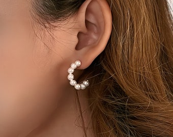 Inès Earrings: 18K Gold Vermeil Minimalist Freshwater Pearl Soft Hoops