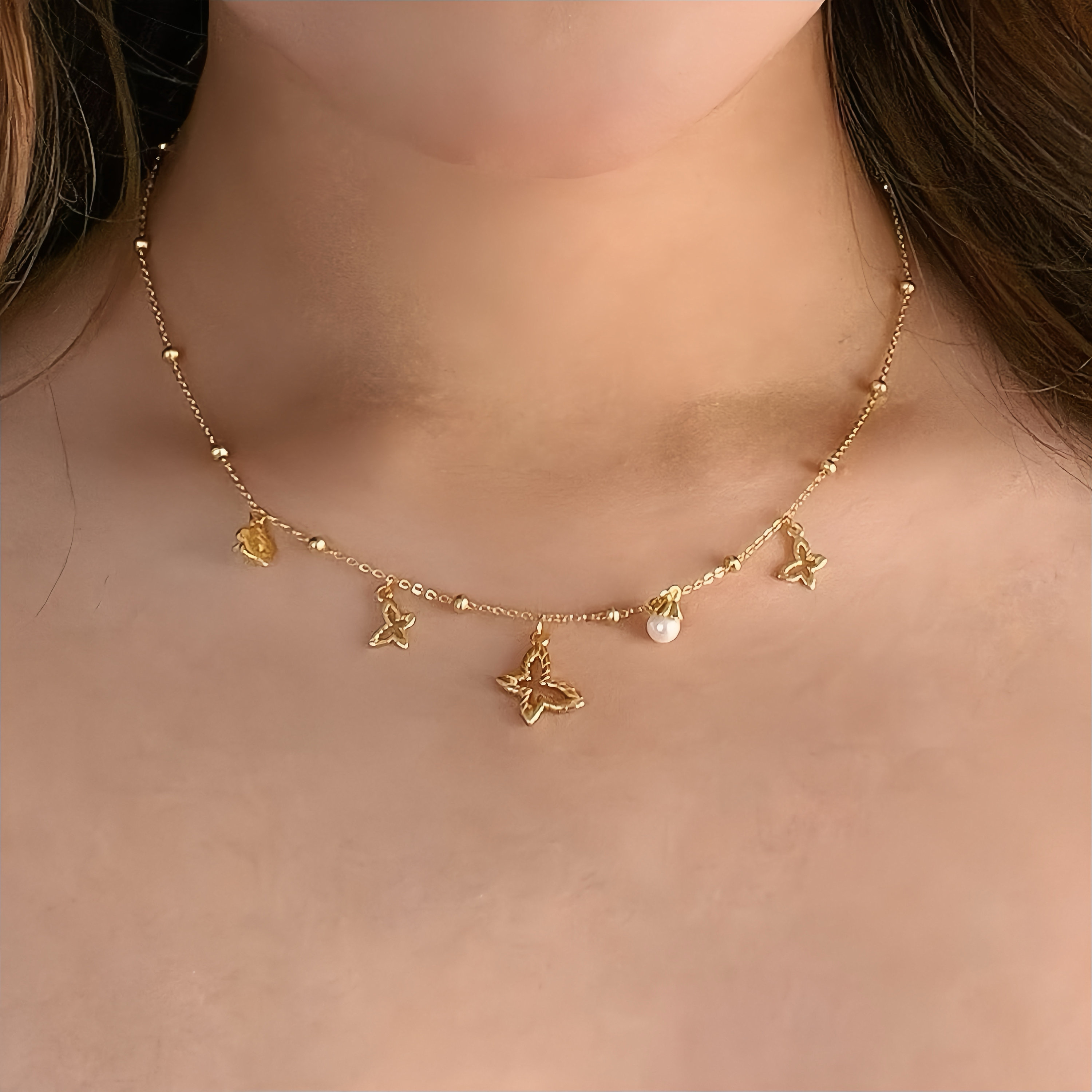 Naomi Necklace: 18K Gold Vermeil Charmed Butterfly Necklace with Pearls