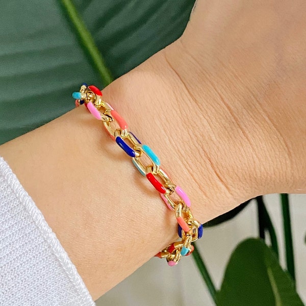 Custom Rainbow Enamel Chunky Chain Bracelet