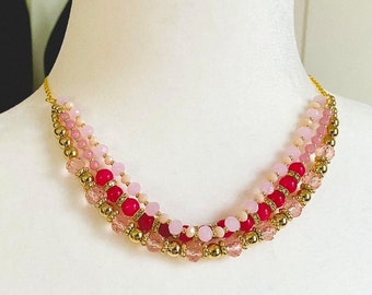 Collar Pink Dream, joyería escalonada de conchas de vidrio y piedras