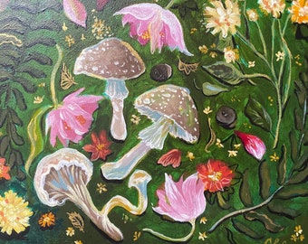Vibrant Botanical Mushroom Painting on Gessobord 8x10