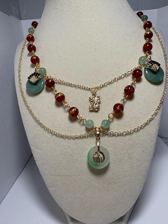 Mulan Inspired Necklace: Red Agate Dragon Beads & Jade