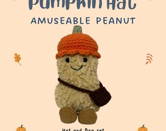 Conjunto de gorro y bolso de calabaza a crochet: Atuendo otoñal hecho a mano para Jellycat Peanut
