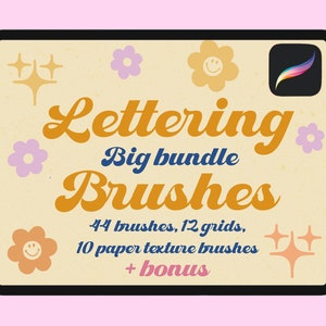 May include: A digital illustration of a tablet screen displaying a set of 44 lettering brushes for digital art. The image features a yellow background with a retro aesthetic, including flowers, stars, and a smiley face. The text on the screen reads "Lettering Big Bundle Brushes 44 brushes, 12 grids, 10 paper texture brushes + bonus".