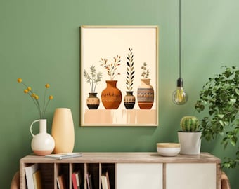 Puede incluir: Impresión artística enmarcada que presenta una ilustración minimalista de cinco jarrones de terracota con arreglos de plantas. La obra de arte está sobre un fondo crema y enmarcada en madera clara. La paleta de colores incluye tonos cálidos, con medidas en cm.