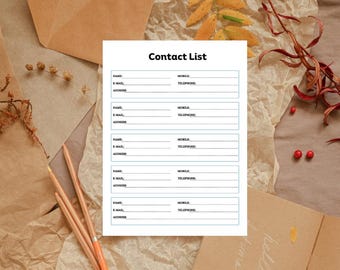 Printable Contact List Template, Minimalist Home Office Organizer (PDF)