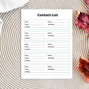 Printable Contact List Template, Minimalist Home Office Organizer (PDF ...