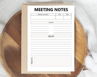 Meeting Notes Printable Template, Minimalist Agenda Tracker (Digital PDF Download)