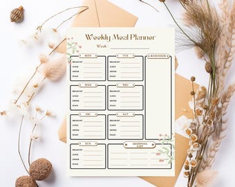 Weekly Meal Planner Printable, Food Log, Shopping List (PDF)