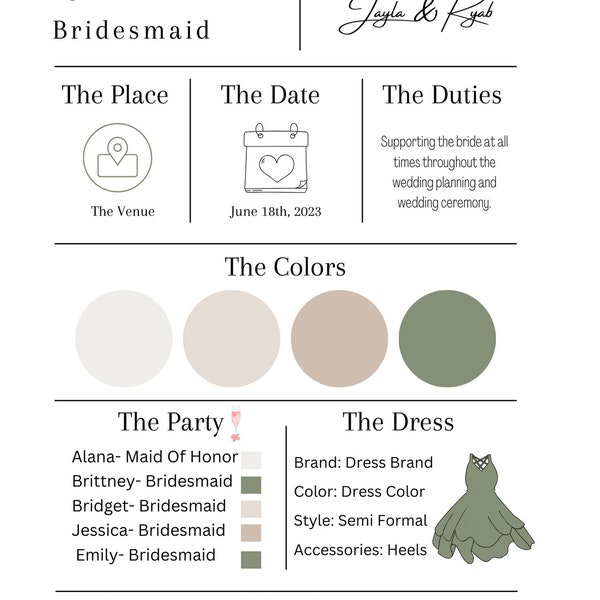 Editable Bridesmaid Information Card - Personalized Wedding Party Details - Instant Download