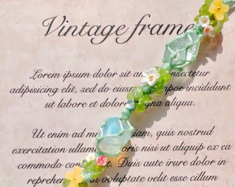 May include: A handmade macrame bracelet featuring light green crystals, small white and yellow flowers, and green beads. The bracelet is on a light green cord and has the text "Vintage frame" in the background.
