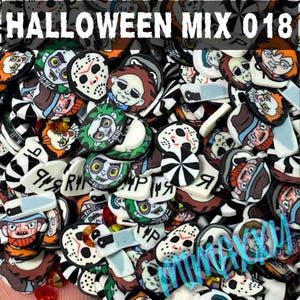 May include: A collection of Halloween-themed charms and embellishments. The image features various horror movie characters, including Jason Voorhees, Freddy Krueger, and others. The charms are in various shapes and colors, with the text "HALLOWEEN MIX 018" at the top.