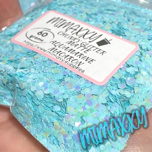 May include: A bag of 60 grams of chunky matte glitter in a light blue color called "Aquamarine Macaron". The glitter is from the brand "Minmaxyu" and is available at https://www.minmaxyu.supplies.
