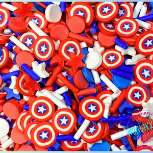 Bouclier Captain America de 5 mm, tranches d'argile polymère, fausses paillettes, gobelet boule à neige, art en résine, nail art, image 1