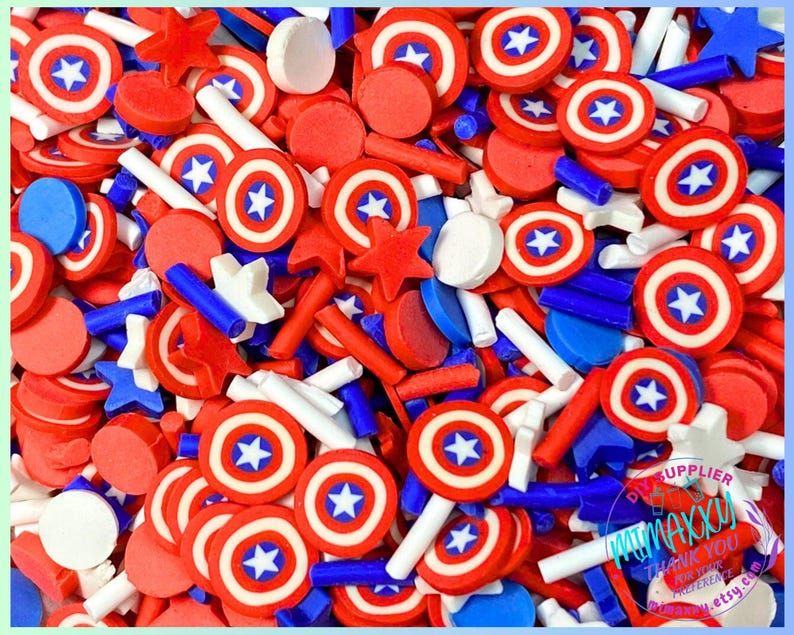 Bouclier Captain America de 5 mm, tranches d'argile polymère, fausses paillettes, gobelet boule à neige, art en résine, nail art, image 1