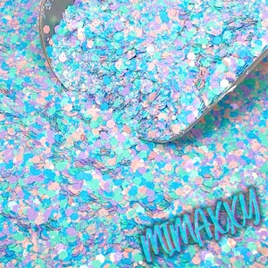 May include: A close-up of a variety of iridescent glitter in shades of blue, green, pink, and white. The glitter is in a clear plastic container and is being poured out onto a white surface. The text "minakyu" is visible in the lower right corner of the image.
