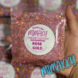 May include: A close-up of a pink and gold chunky glitter, labeled "SUPPLIER MIMAXY CHUNKY GLITTER HOLOGRAPHIC ROSE GOLD https://www.mimaxy_supplies"
