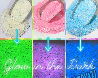 GLOW in the DARK, Shaped Glitter, CHUNKY Glitter Mix, Cosmetic Glitter,Nail Art, Resin art,Snow Globe Tumbler ,Craft, Glow 001-007