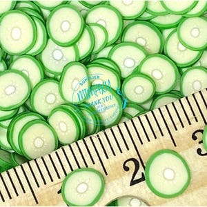 May include: A close-up image of a large quantity of green and white miniature plastic fruit slices. The slices are arranged in a random pattern and are approximately 1/2 inch in diameter. A ruler is visible in the bottom right corner of the image, with the numbers 2 and 3 visible.