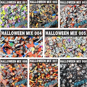 May include: A collection of eight distinct Halloween-themed polymer clay sprinkle mixes labeled HALLOWEEN MIX 001 through 008. Each mix features small, flat, decorative shapes including skulls, pumpkins, horror characters, and various festive icons.