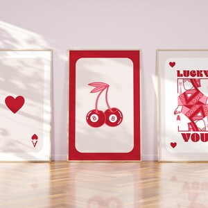 Trendy Red Retro Wall Art | Set of 3 Home Decor | Queen of Hearts | Playing Cards | 8 Ball | Housewarming Gifts | Lucky Girl Syndrome