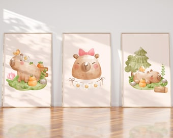 Capybara Watercolor Art Prints Set: Woodland Animal Home Decor (Digital Download