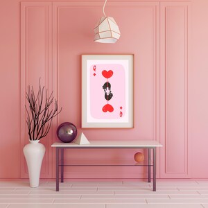 Trendy Retro Playing Cards Wall Art, Cat Illustration, Queen of Diamonds, Cute Humorous Digital Prints, Pink Home Decor, Wallpaper, Dorm Art