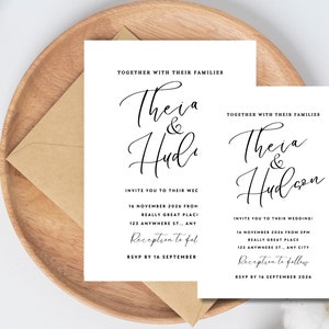 Modern wedding invitation template, minimalist printable invite suite, black & white simple wedding invite, handwriting style, editable  PDF