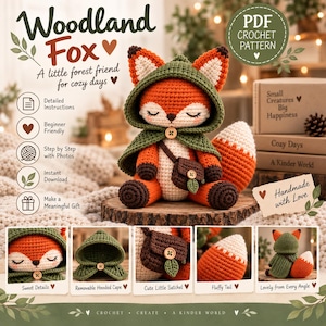 Peut inclure: Un jouet renard au crochet portant une cape à capuche verte et une sacoche marron. Le renard a une fourrure orange et blanche, des yeux fermés et une queue touffue. L'image contient du texte pour un patron de crochet PDF et ses détails.