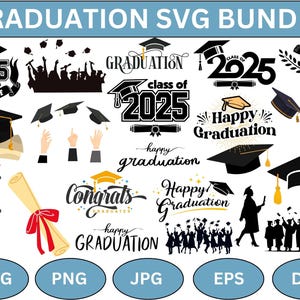 Könnte beinhalten: Ein Set mit 10 SVG-Schnittdateien zum Thema Abschlussfeier mit verschiedenen Designs, darunter Mützen, Diplome und der Text "Klasse von 2025". Die Dateien sind in den Formaten SVG, PNG, JPG, EPS und DXF verfügbar.