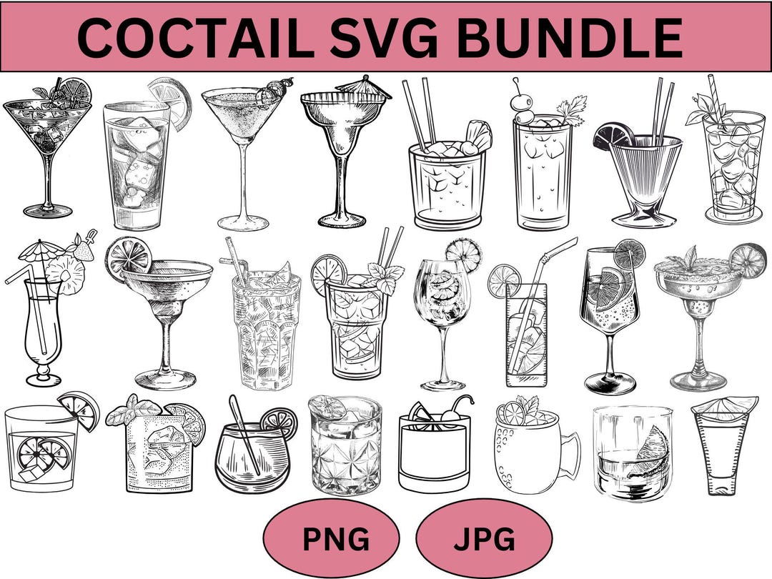 Hand Drawn Cocktail Illustrations: Wedding Signature Drink Clipart (PNG ...