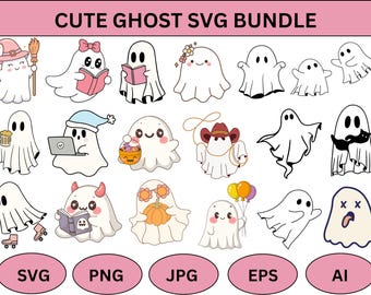 Può includere: Una collezione di simpatiche illustrazioni di fantasmi, tra cui fantasmi con cappelli da strega, che leggono o tengono in mano dei palloncini. Il testo "CUTE GHOST SVG BUNDLE" è in alto, con etichette dei tipi di file sottostanti.