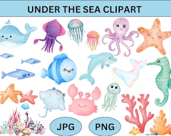 Watercolor Under the Sea Clipart: Ocean Animals PNG (Digital Download)