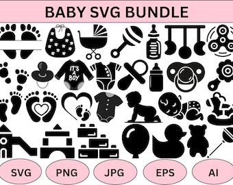 May include: A black and white baby SVG bundle with various baby-related graphics, including footprints, a bib, a stroller, a rattle, a baby bottle, a pacifier, a onesie, a baby crawling, a duck, and a teddy bear. The text "BABY SVG BUNDLE" is at the top.
