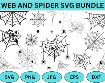 Puede incluir: Una colección de diseños de telarañas en blanco y negro con arañas, ideal para Halloween o proyectos espeluznantes. La imagen incluye varios estilos de telarañas y formatos como SVG, PNG, JPG, EPS y DXF, con el texto "WEB AND SPIDER SVG BUNDLE".