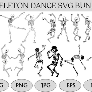 May include: A set of 10 black and white skeleton dance SVG cut files. The skeletons are in various poses, including dancing, jumping, and posing. The files are perfect for creating Halloween decorations, party favors, or personalized gifts.