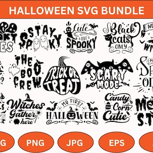 Può includere: Un pacchetto SVG di Halloween con vari disegni spettrali in bianco e nero. I disegni includono frasi come "Spooky Vibes", "Trick or Treat" e "Scary Mode", insieme a grafiche a tema Halloween come pipistrelli, fantasmi e streghe.