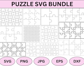May include: A set of ten black and white puzzle SVG files. The puzzles are in various sizes and shapes. The files are available in SVG, PNG, JPG, EPS, and DXF formats.