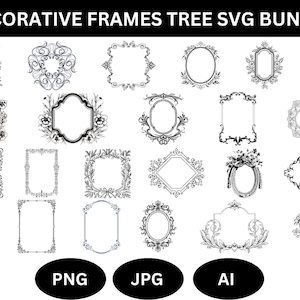 May include: A collection of decorative frames in various shapes and styles, including square, oval, and ornate designs. The frames are black and white, with floral and scrollwork details. The image includes PNG, JPG, and AI file type options.