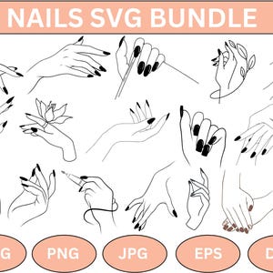 May include: A set of 12 black and white line art illustrations of hands with manicured nails. The illustrations are perfect for nail art designs, nail salon marketing, and social media.