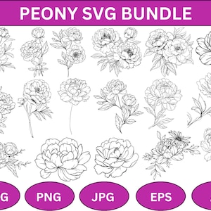 Bundle svg pivoines, fleur de pivoine, oeuvre d'art au trait fin pivoine, fleurs de jardin, arrangement floral svg, fleurs vectorielles dessinées à la main, usage commercial