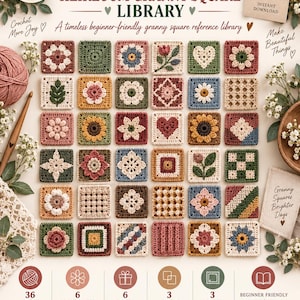 Op de afbeelding: Een digitaal haakpatroon getiteld 36-Piece Heirloom Granny Square Library, met een raster van 36 diverse, kleurrijke gehaakte vierkante motieven. De lay-out bevat tekst, iconen en florale accenten, met verschillende steken en ontwerpen.