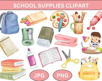 Conjunto de clipart de aquarela para materiais escolares: gráficos de volta às aulas (download digital em PNG e JPG)