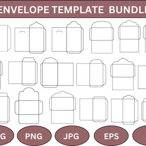 Op de afbeelding: Een assortiment envelopsjablonen in verschillende vormen en maten, omlijnd in zwart op een witte achtergrond. De tekst "ENVELOPE TEMPLATE BUNDLE" staat bovenaan. Bestandsopties: SVG, PNG, JPG, EPS en AI.