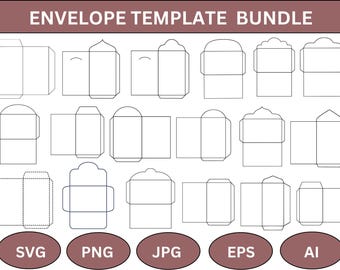 May include: An assortment of envelope templates in various shapes and sizes, outlined in black on a white background. The text "ENVELOPE TEMPLATE BUNDLE" is displayed at the top. Below are file type options: SVG, PNG, JPG, EPS, and AI.