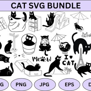 May include: A set of 20 black and white cat SVG cut files. The cats are in various poses, including sitting, standing, and playing. The designs include text such as "Meow" and "I love cat".