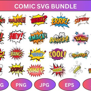 Comic text clipart,Comic Style Action Bubbles,Superhero party clipart,Speech bubble,Comic Balloon Bubble Art svg,Comic Book clipart,AI,EPS