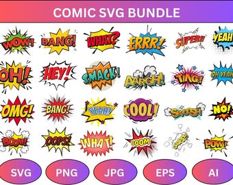 Comic Action Bubbles Clipart, Superhero Party Decor (Digital Download)