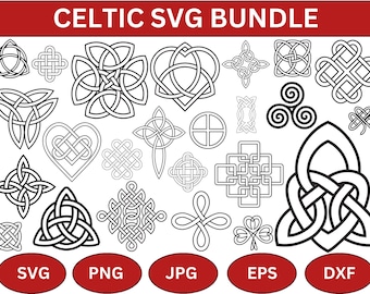 May include: A set of 25 Celtic knot SVG designs in black and white. The designs include hearts, crosses, spirals, and other traditional Celtic patterns. The designs are perfect for use in crafting, scrapbooking, and other creative projects.