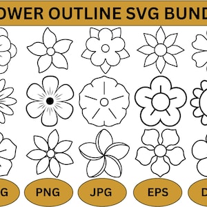 May include: A collection of black and white flower outline designs in various styles. The image includes the text "FLOWER OUTLINE SVG BUNDLE" at the top and buttons labeled "SVG", "PNG", "JPG", "EPS", and "DXF" at the bottom.